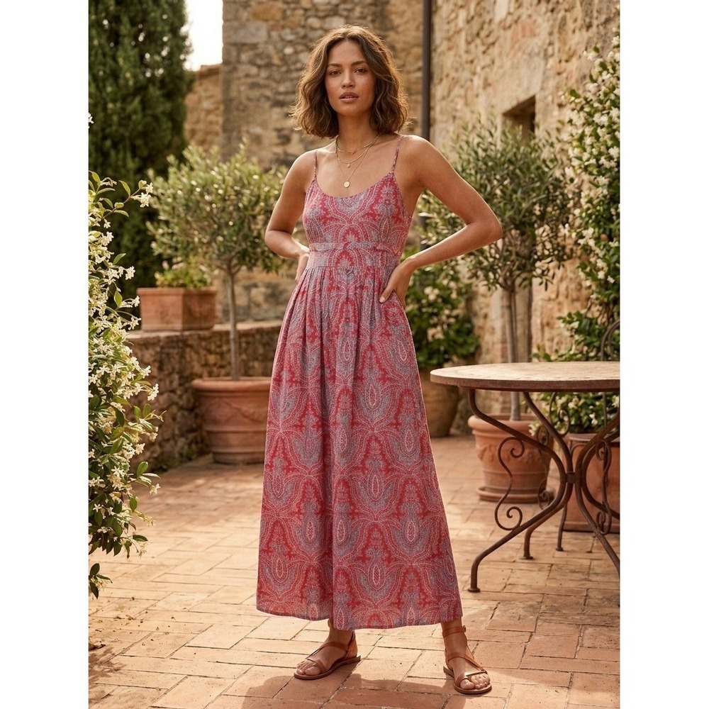 J.Crew Red Paisley Cotton Maxi Dress Spaghetti Strap Boho 85021 Size 0